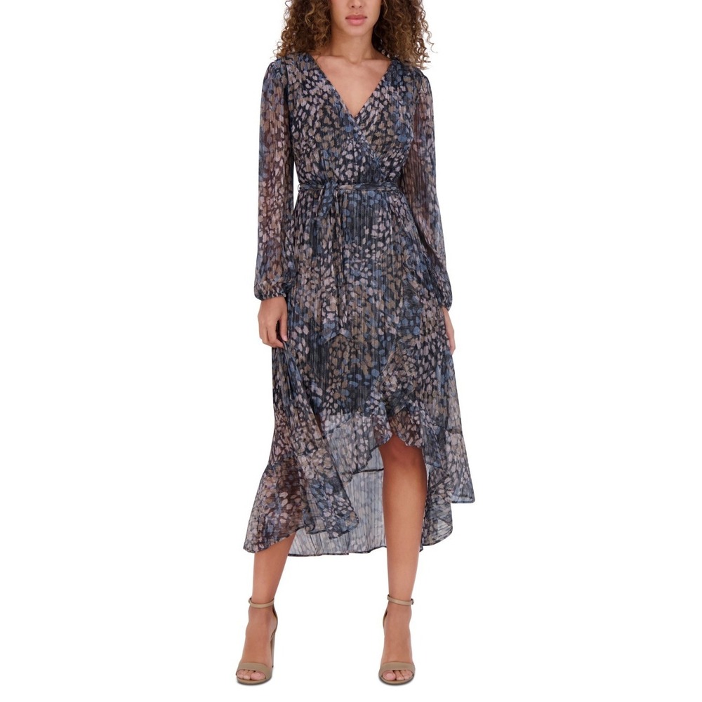 $138 Kensie Women's 4 Geometric Metallic Puff‎ Sleeve Tie Waist High-Low Dress